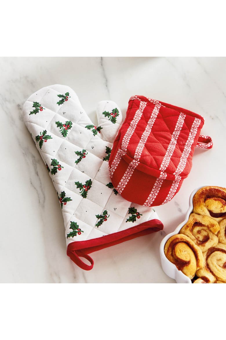 Vintage Holly Oven Mitt Christmas Kitchen Textile Cotton, Alternate, color, White