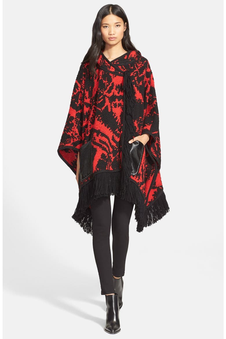 Fringe Trim Knit Hooded Poncho, Main, color, MAASIAI RED/ BLACK