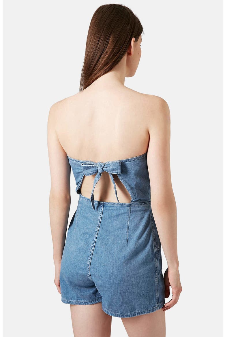 Moto Bandeau Denim Romper, Alternate, color, LIGHT DENIM
