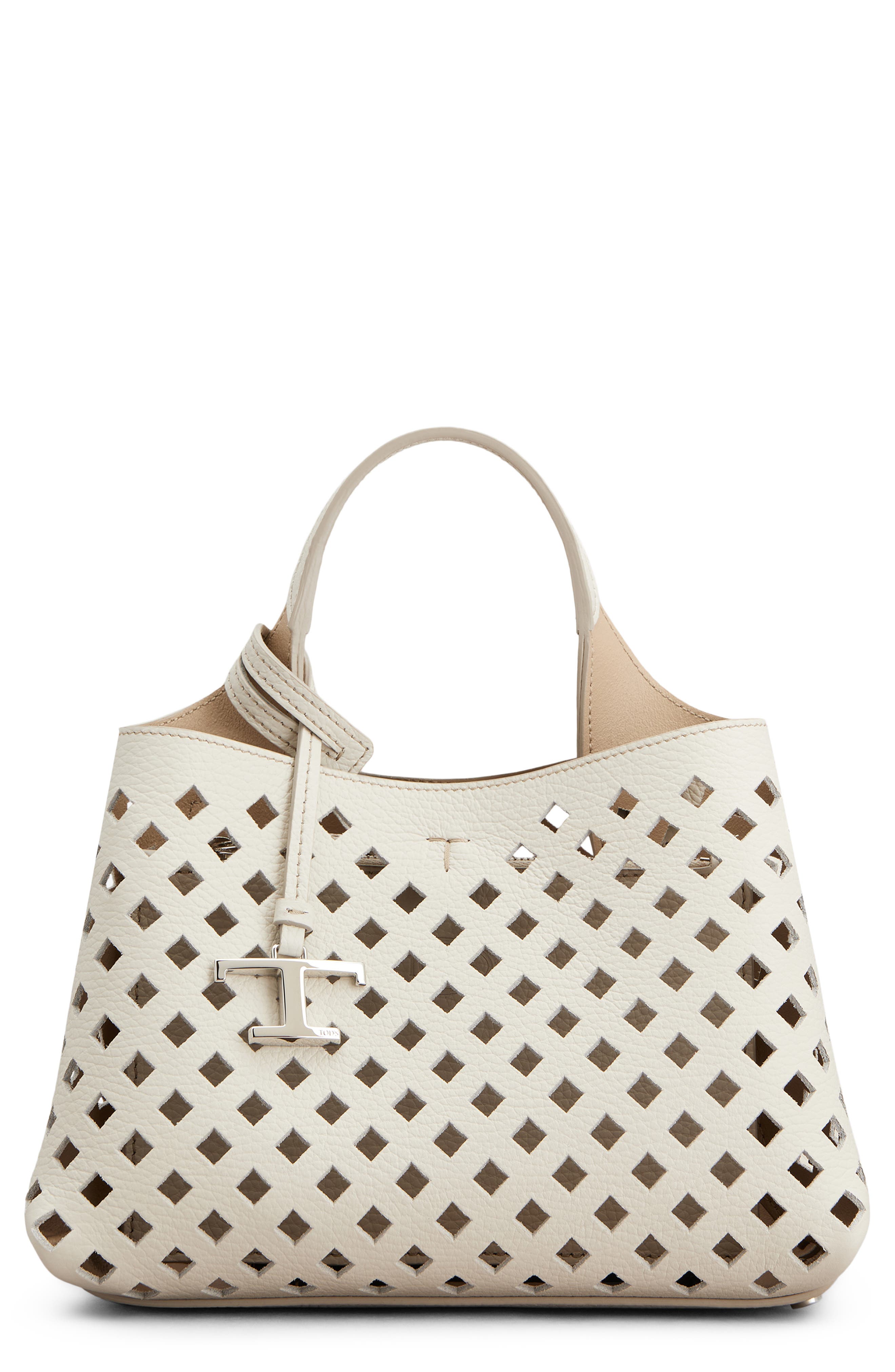 Tod's Apa Perforated Leather Top Handle Bag, Main, color, Bianco Calce/ Naturale Sc