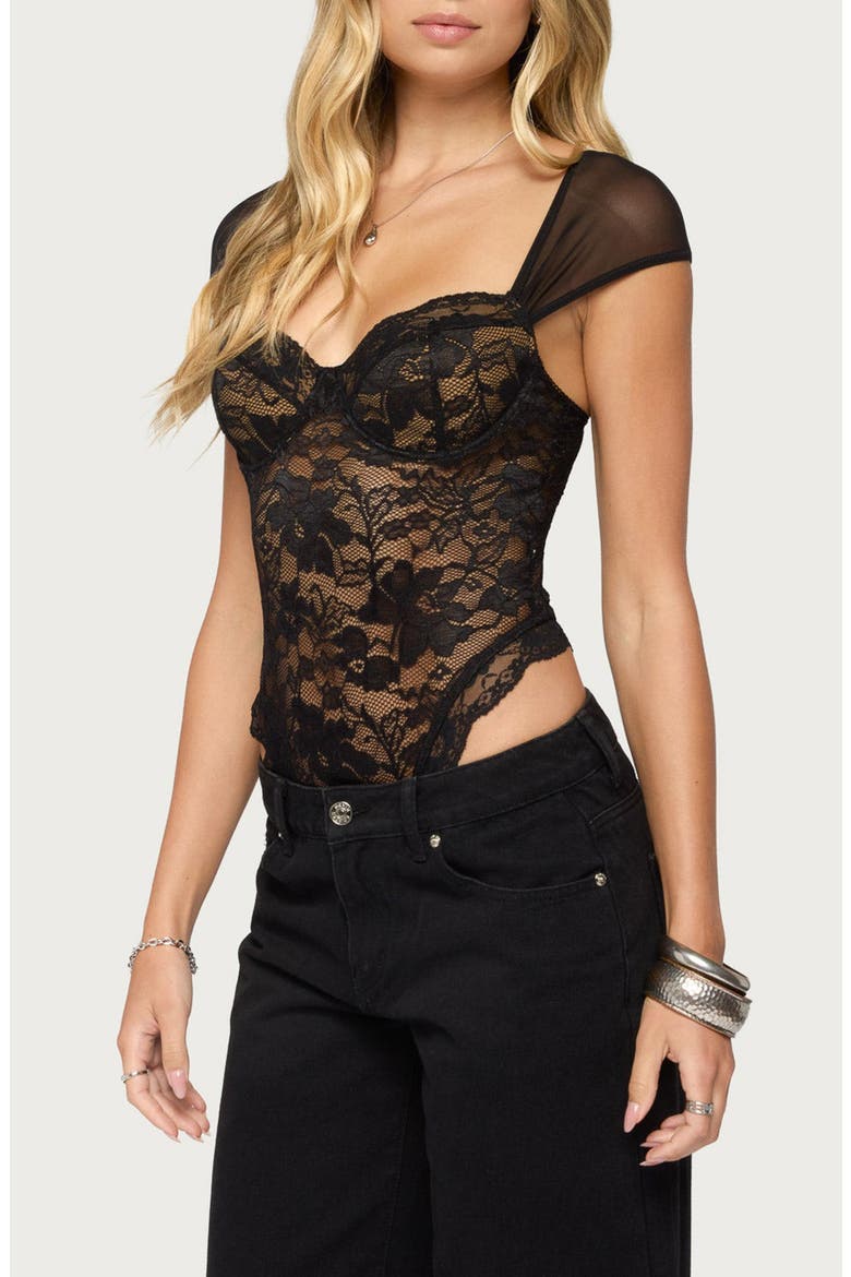 Gasha Lace Cupped Bodysuit, Alternate, color, BLACK