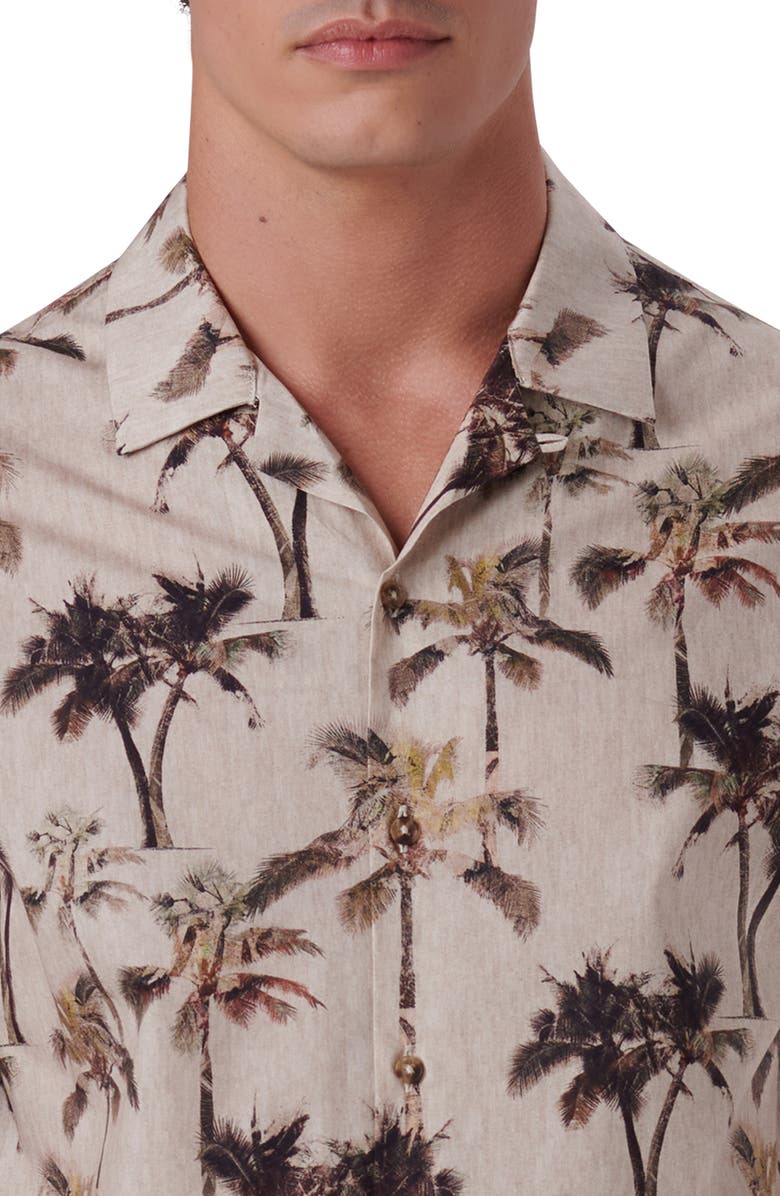 Bugatchi Shaped Fit Print Stretch Cotton Short Sleeve Button-Up Shirt, Alternate, color, Sand
