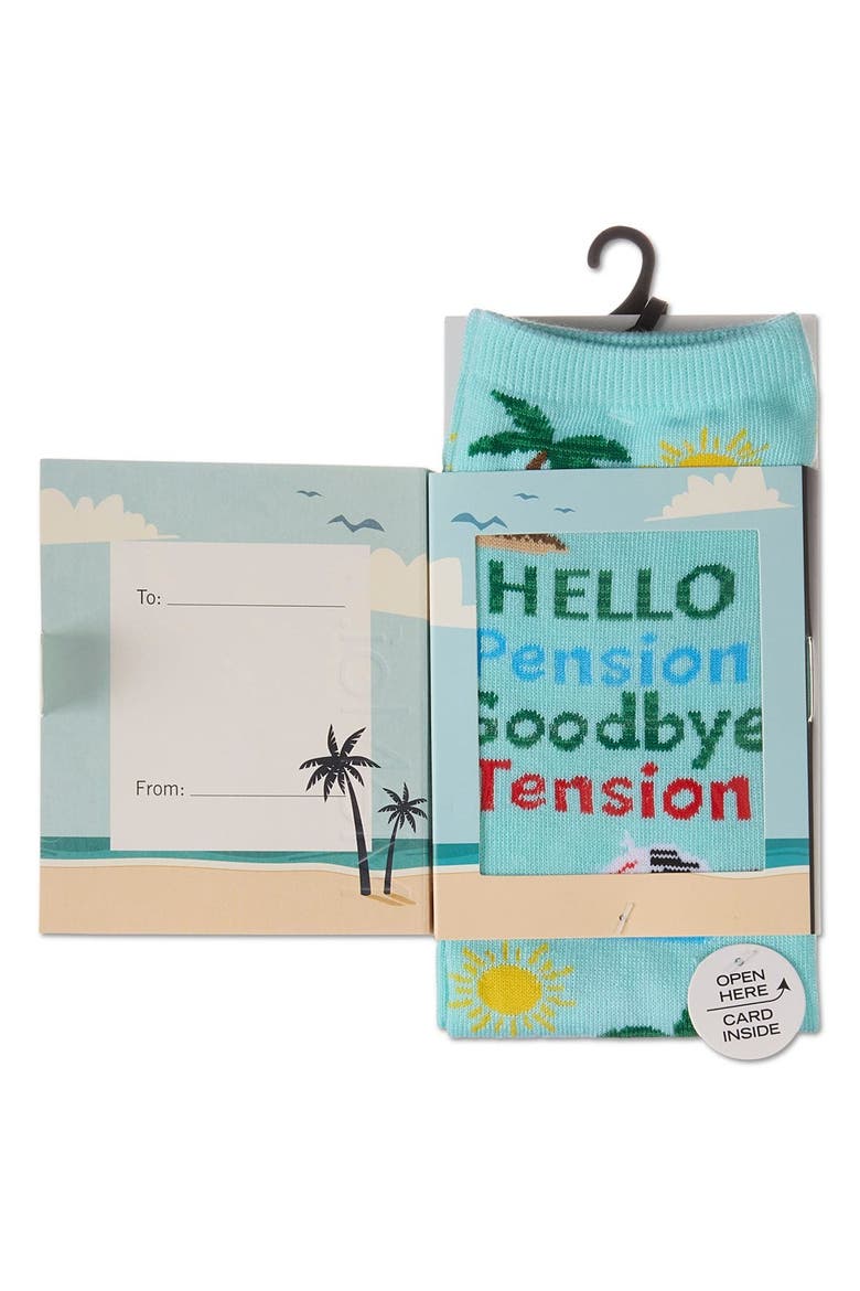 Big Kid's Goodbye Tension Hello Pension Greeting Card Crew Socks, Alternate, color, Aqua Splash