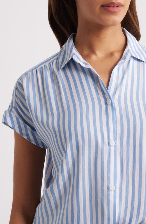 Beachlunchlounge Daria Stripe Short Sleeve Button-up Shirt In Blue Poppy