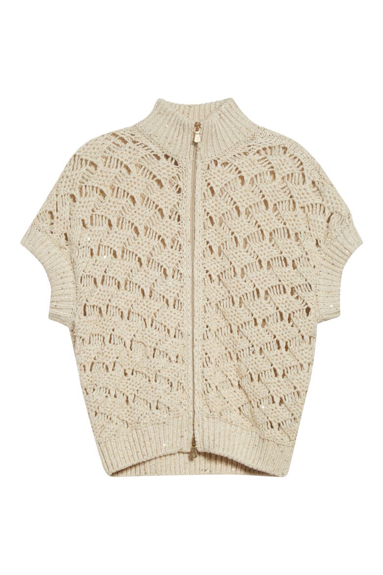 Sequin Crochet Short Sleeve Cardigan, Alternate, color, IVORY