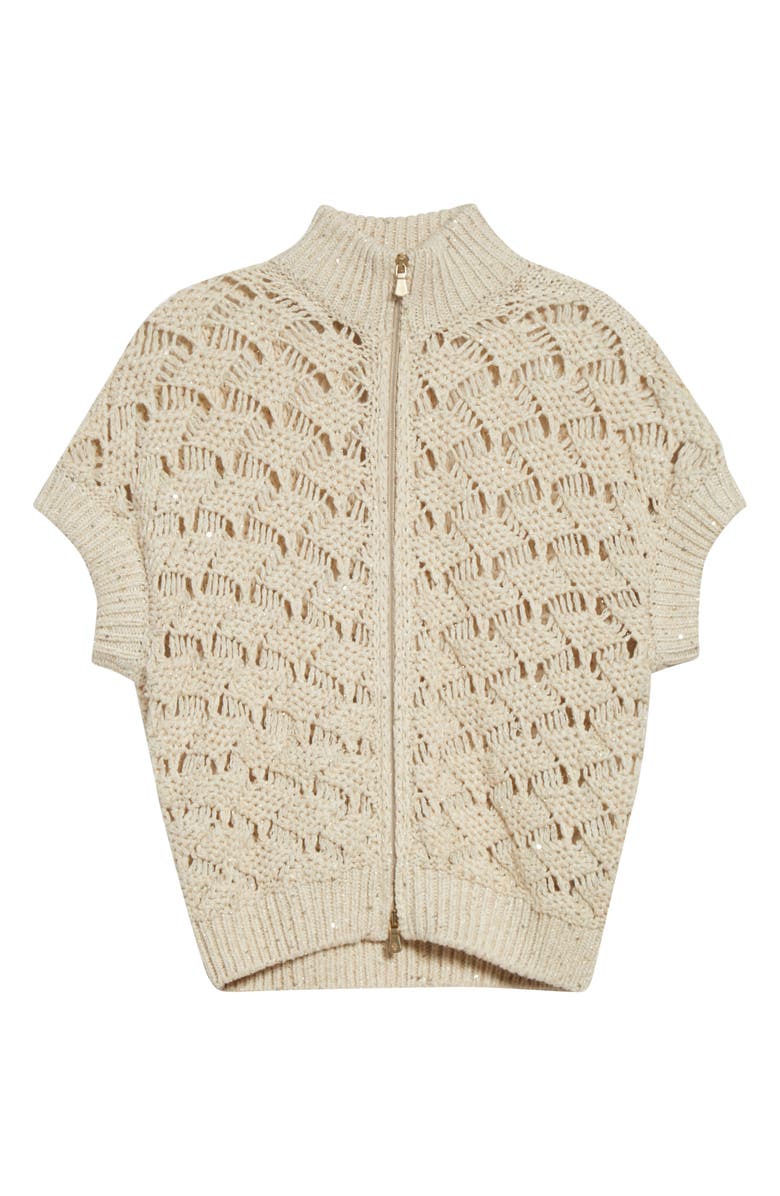 Eleventy Sequin Crochet Short Sleeve Cardigan, Alternate, color, Ivory