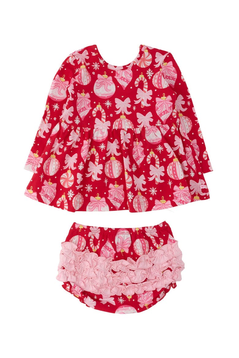 Holiday Knit Long Sleeve Twirl Top and Bloomer Set, Main, color, Red Holly Ornament Bows
