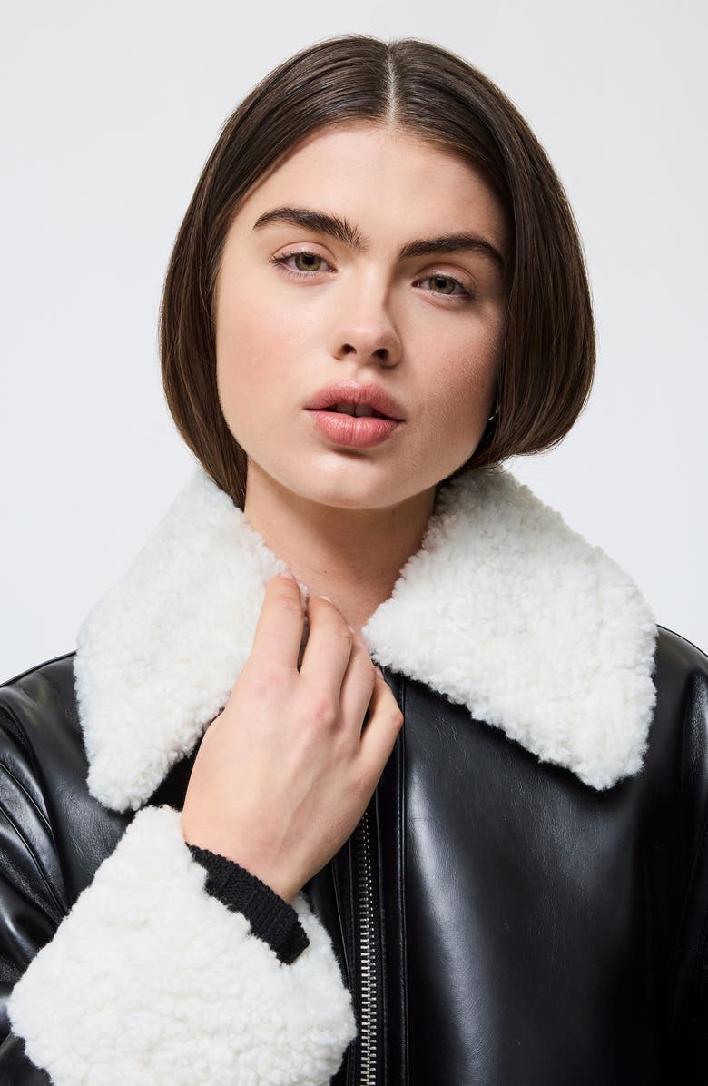 French Connection Ajani Faux Leather & Faux Fur Coat, Alternate, color, Black Cream