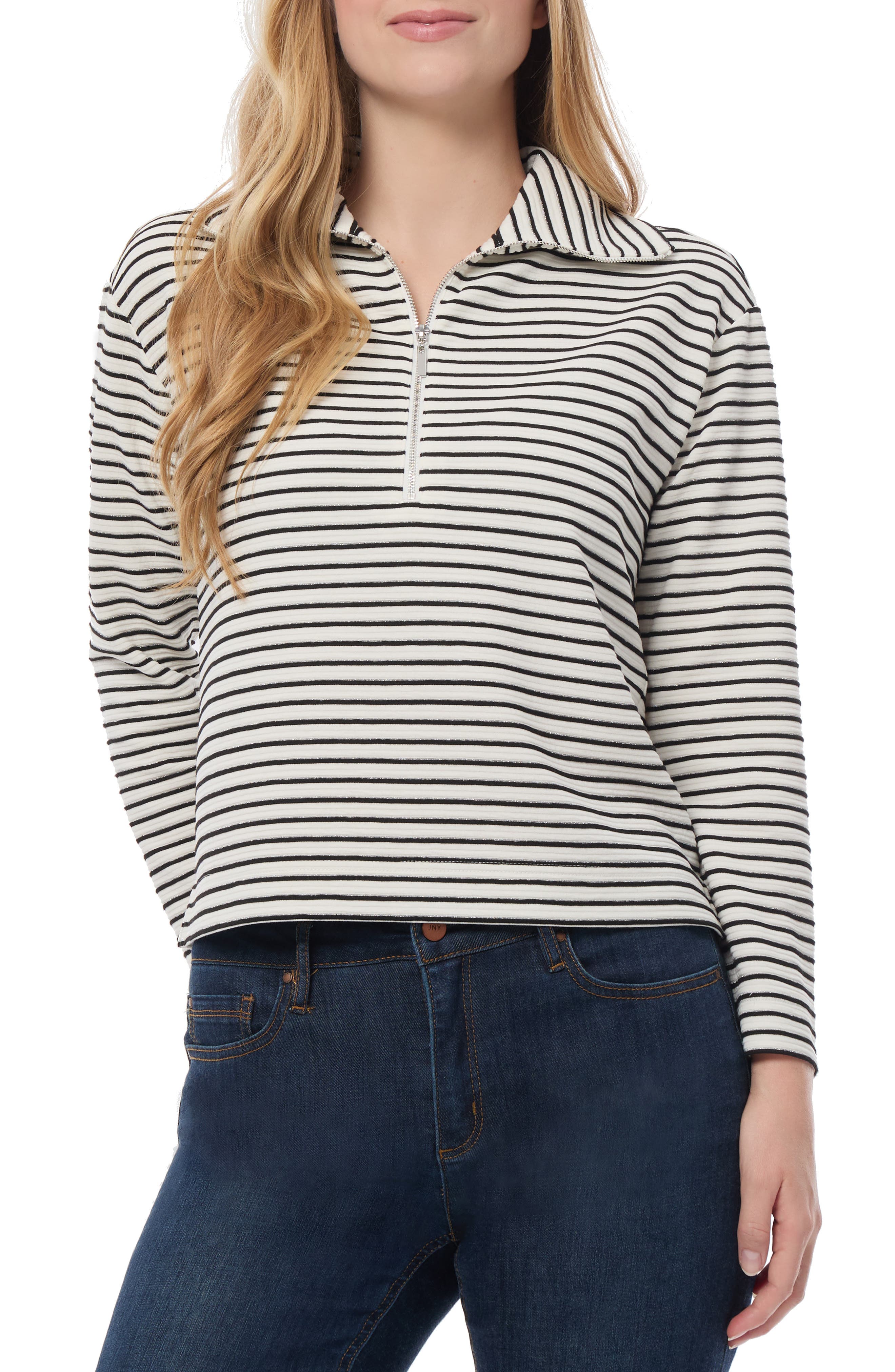 Jones New York Metallic Ottoman Quarter Zip Pullover in Jones Black/Silver/White 