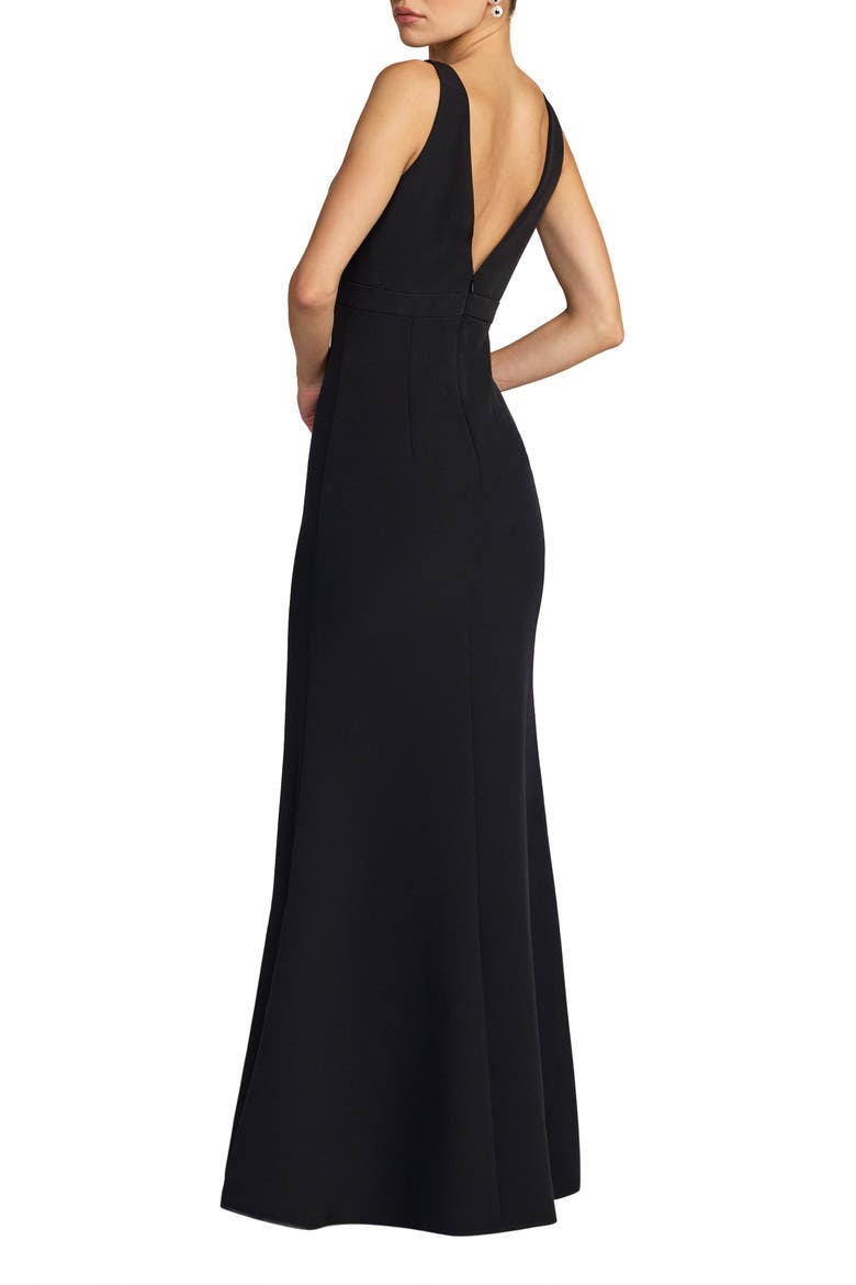Petite Crepe Sleeveless V Neck Sheath Gown With Bow, Alternate, color, Black