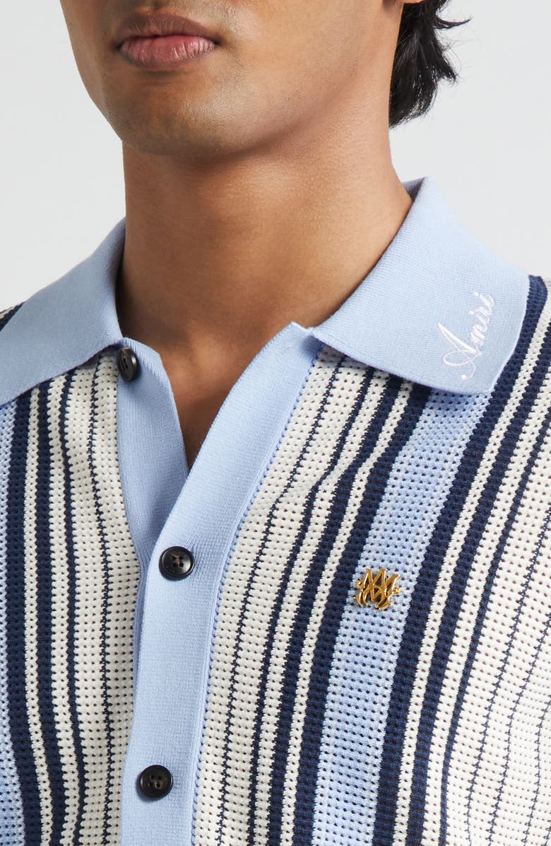 AMIRI Script Logo Embroidered Stripe Short Sleeve Cardigan, Alternate, color, Ashley Blue