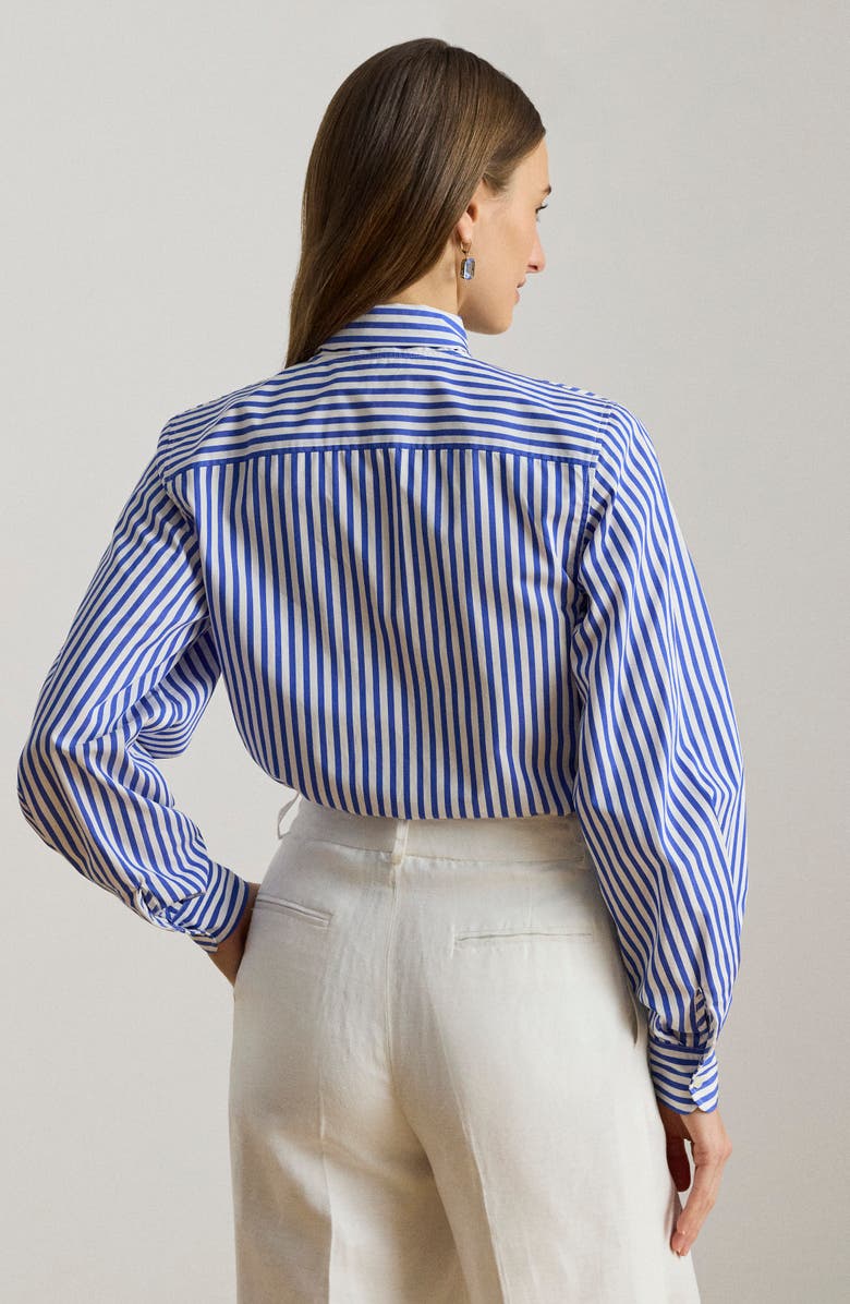 Lauren Ralph Lauren Stripe Tie Neck Cotton Broadcloth Button-Up Shirt, Alternate, color, Blue/ White