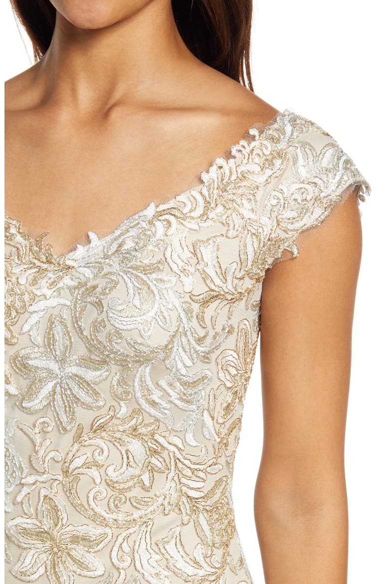 Cap Sleeve Embroidered Lace Gown, Alternate, color, WHITE/GOLD