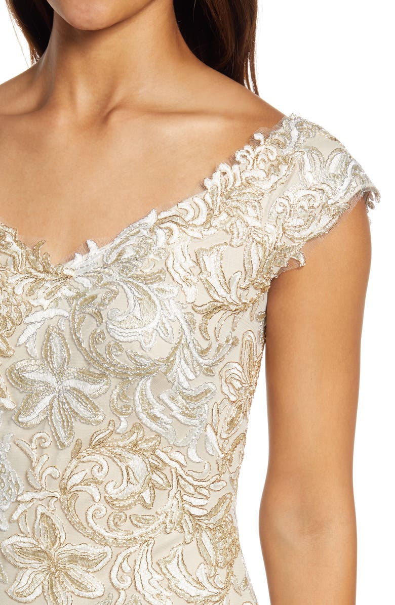 Tadashi Shoji Cap Sleeve Embroidered Lace Gown, Alternate, color, 