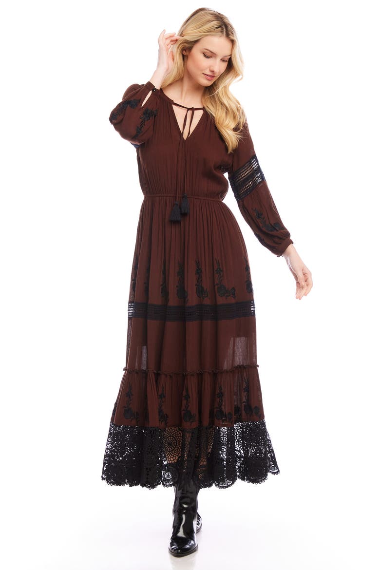 Long Sleeve Embroidered Lace Maxi Dress, Alternate, color, BROWN WITH BLACK