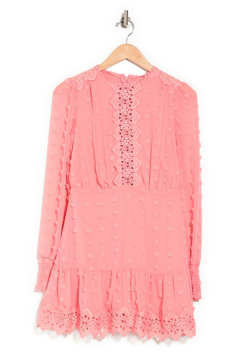 Rina Long Sleeve Dotted Chiffon Lace Trim Dress, Alternate, color, ROSE PETAL
