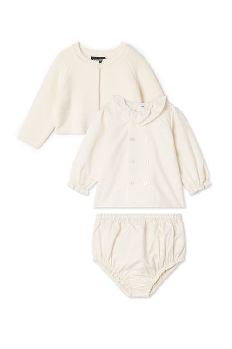 3 Piece Woven Set and Knit Long Sleeve Blouse, Cardigan and Bottom