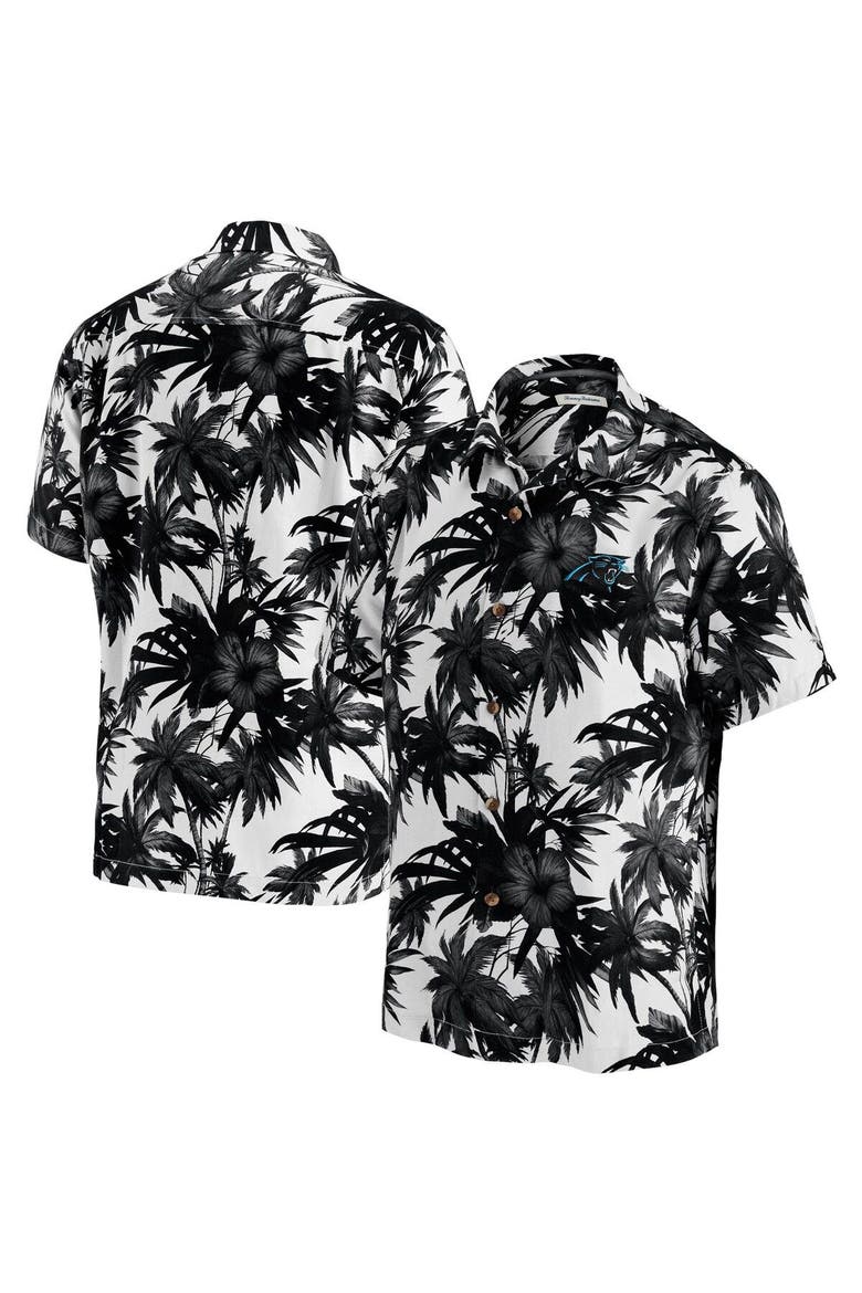 Men's Tommy Bahama Black Carolina Panthers Sport Harbor Island Hibiscus Camp Button-Down Shirt, Alternate, color, Black