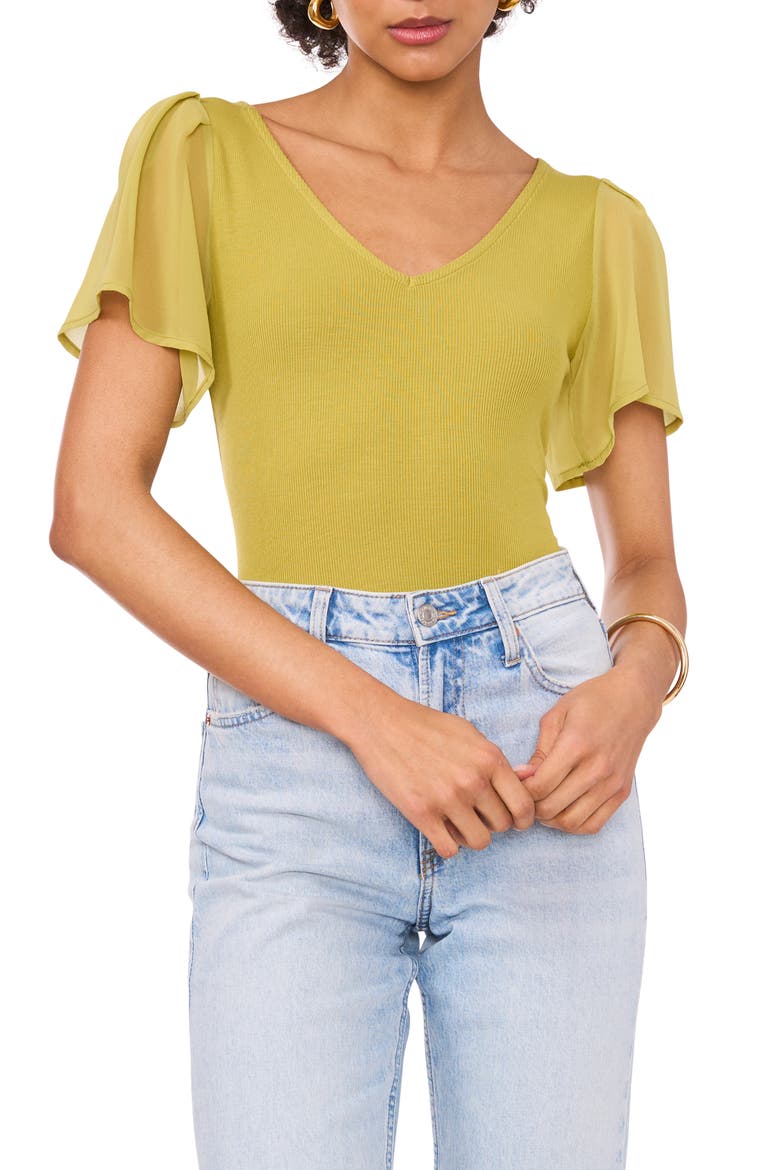 Flutter Sleeve Rib Knit T-Shirt, Main, color, MOSS GREEN