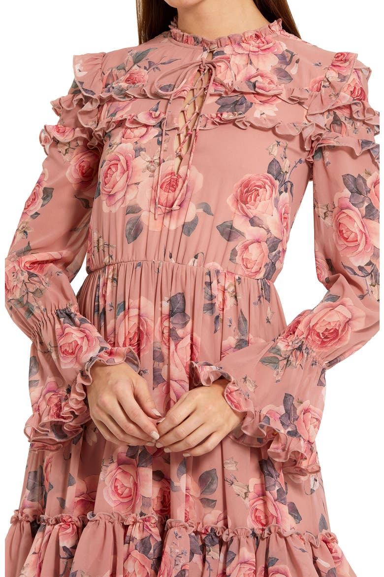 Printed Long Sleeve Lace Up Front Tiered Ruffle Dress, Alternate, color, Rose Multi