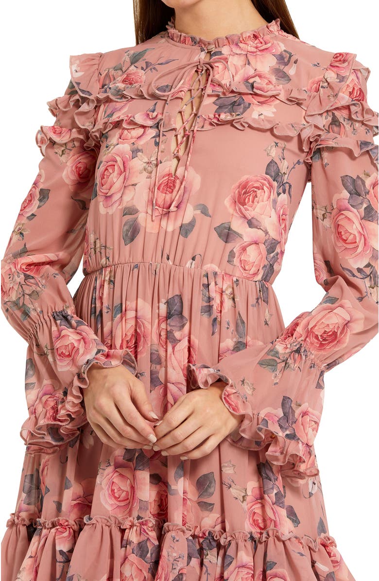 Mac Duggal Printed Long Sleeve Lace Up Front Tiered Ruffle Dress, Alternate, color, Rose Multi
