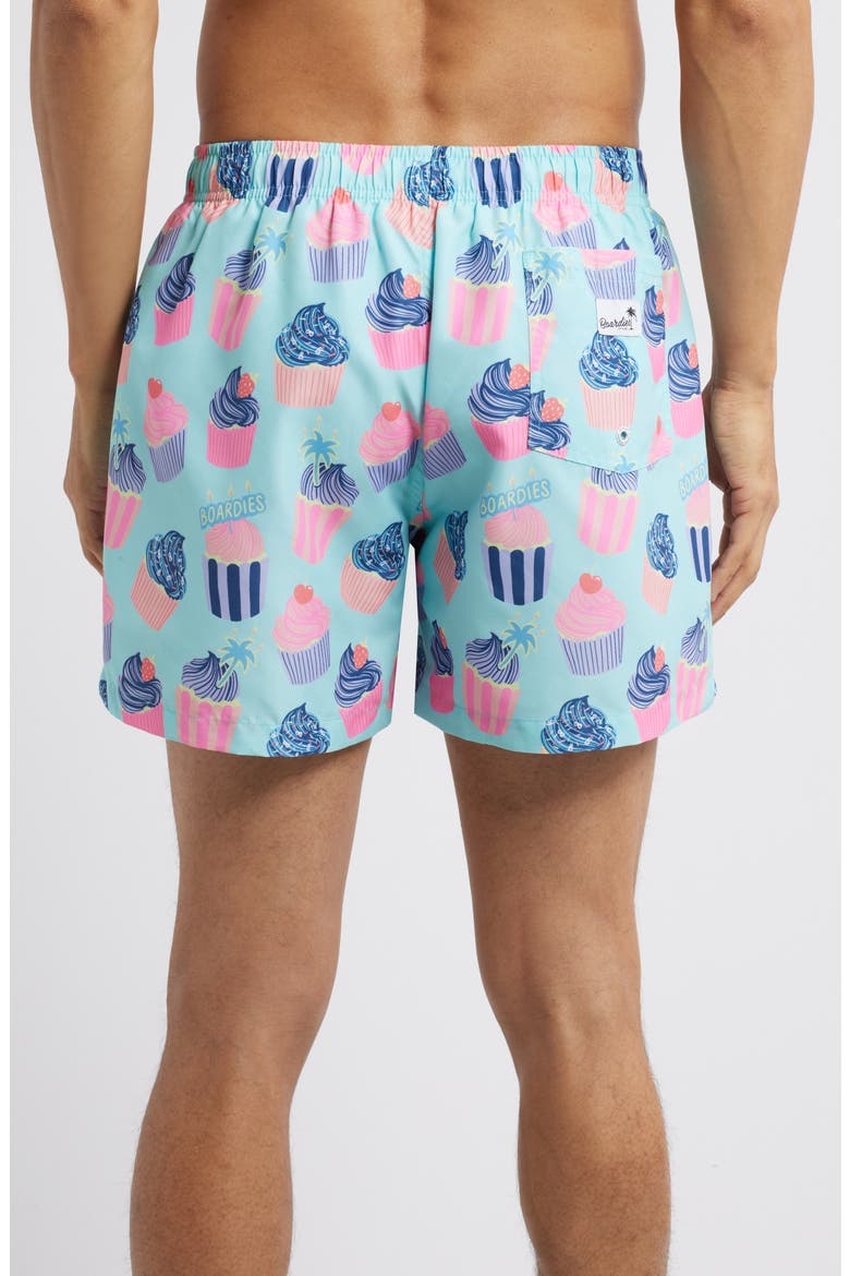 Celebrations Cupcake Print Mid Length Swim Trunks, Alternate, color, BLUE