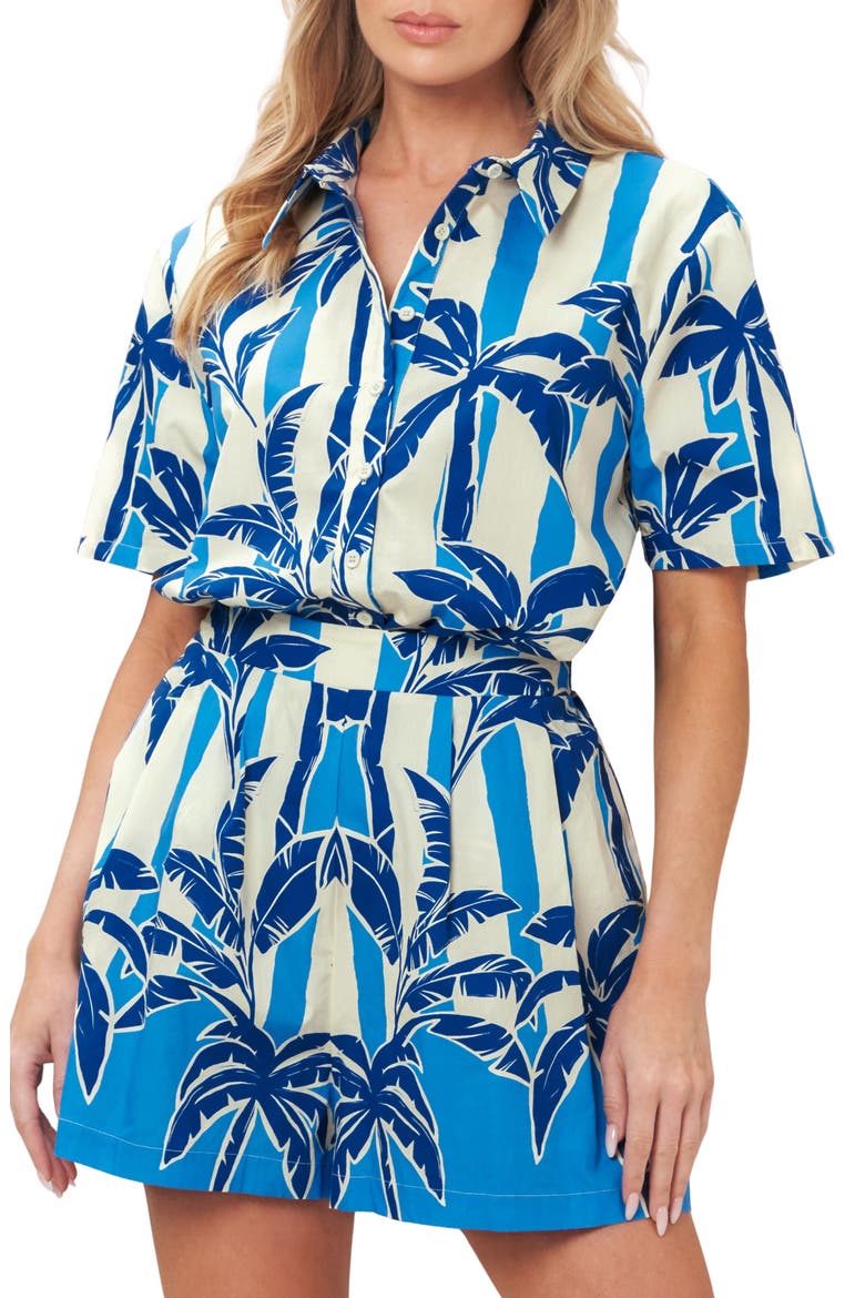 Palm Print Striped Cotton Shirt, Main, color, BLUE