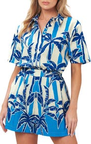 FLYING TOMATO Palm Print Striped Cotton Shirt