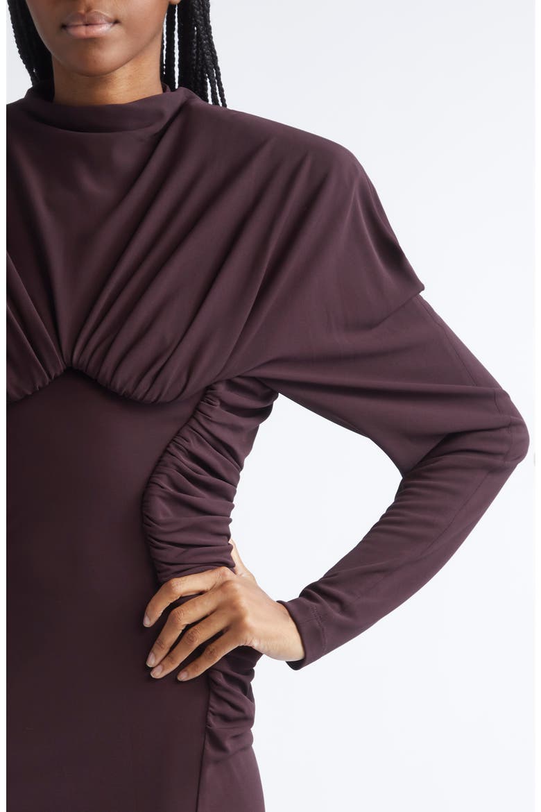 Pleated Long Sleeve Crepe Jersey Minidress, Alternate, color, CHOCOLATE
