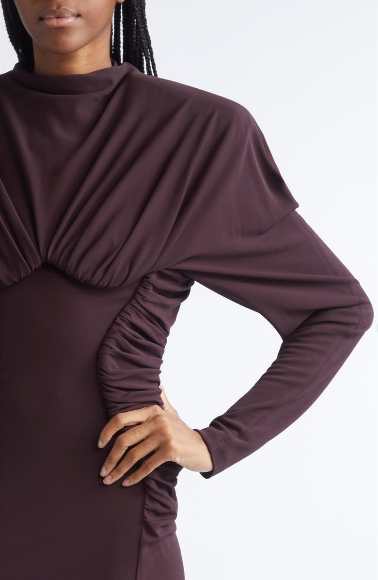 Stella McCartney Pleated Long Sleeve Crepe Jersey Minidress, Alternate, color, Chocolate