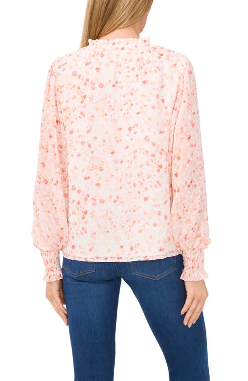 Cece Floral Clip Dot Smocked Cuff V-neck Top