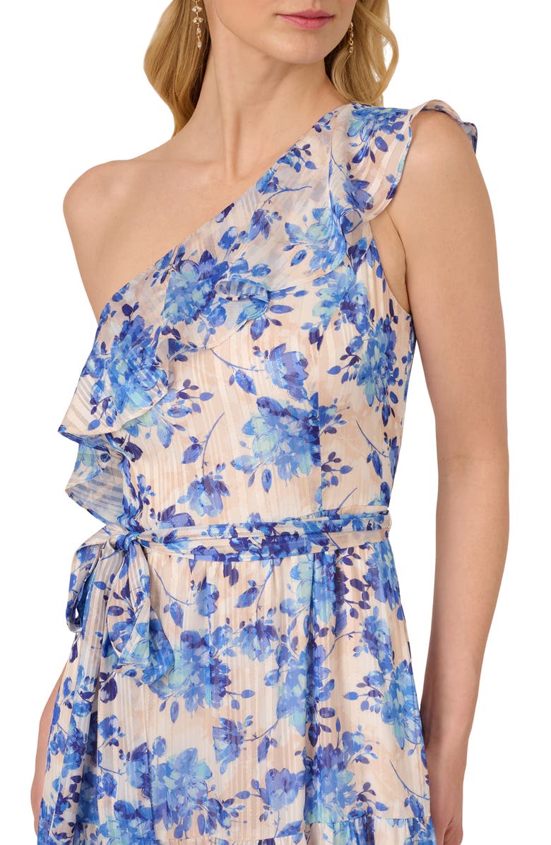 Adrianna Papell Metallic Ruffle One-Shoulder Maxi Cocktail Dress, Alternate, color, Champagne/ Blue Multi
