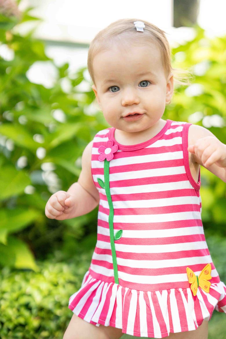 Stripe Knit Romper With Flower, Alternate, color, Fuchsia/White