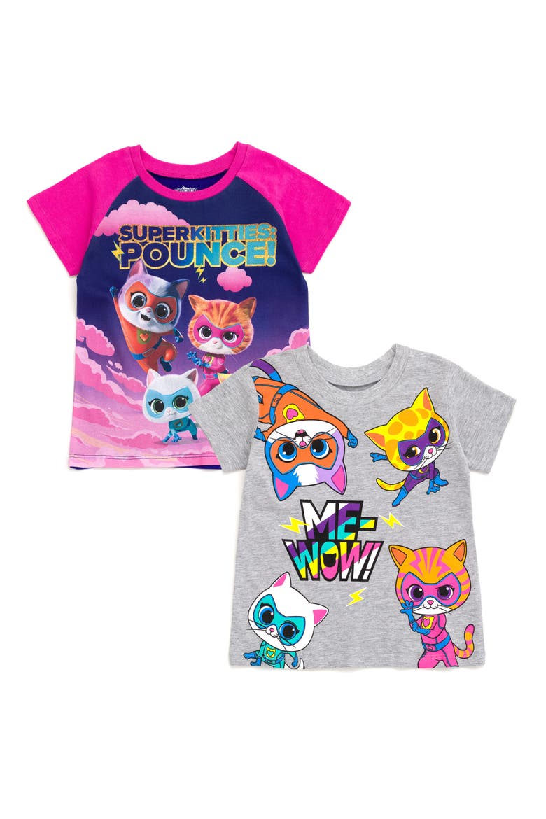 Super Kitties 2-Pack Short Sleeve T-Shirts, Main, color, SuperKitties Pink Grey