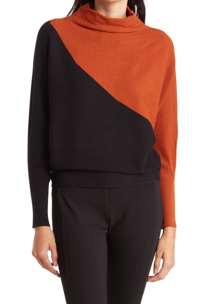 Diagonal Colorblock Mock Neck Dolman Sweater, Main, color, BLACK/ COGNAC