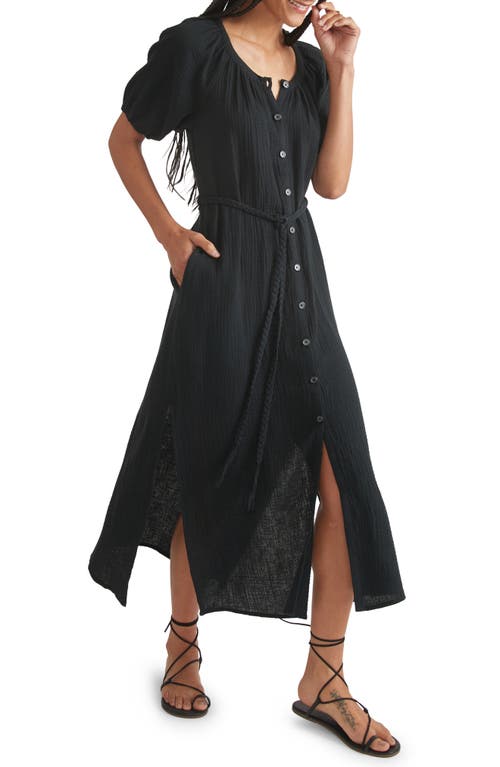 Marine Layer Belted Double Cloth Midi Shirtdress In Black