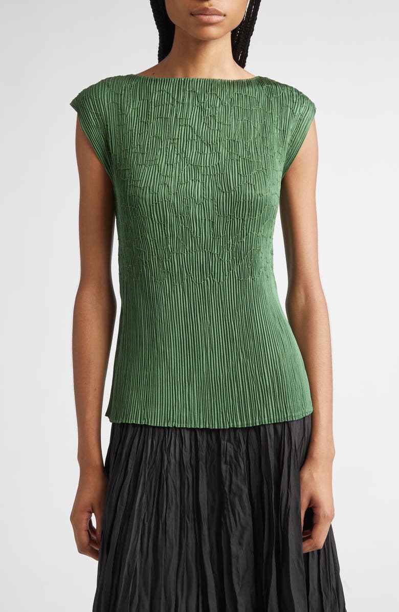 Lafayette 148 New York Embroidered Plissé Satin Top, Main, color, Moss