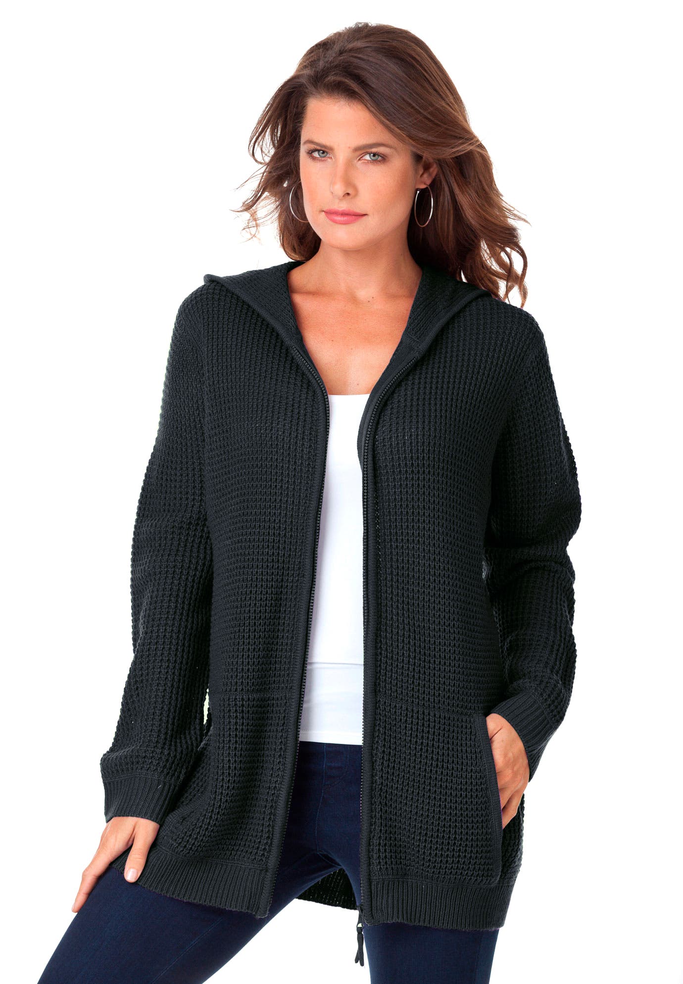 Plus Size Waffle Knit Zip-Front Relaxed Hoodie