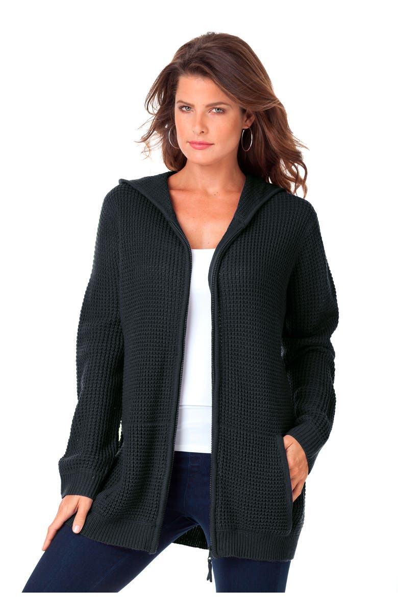 Roaman's Plus Size Waffle Knit Zip-Front Relaxed Hoodie, Main, color, Black