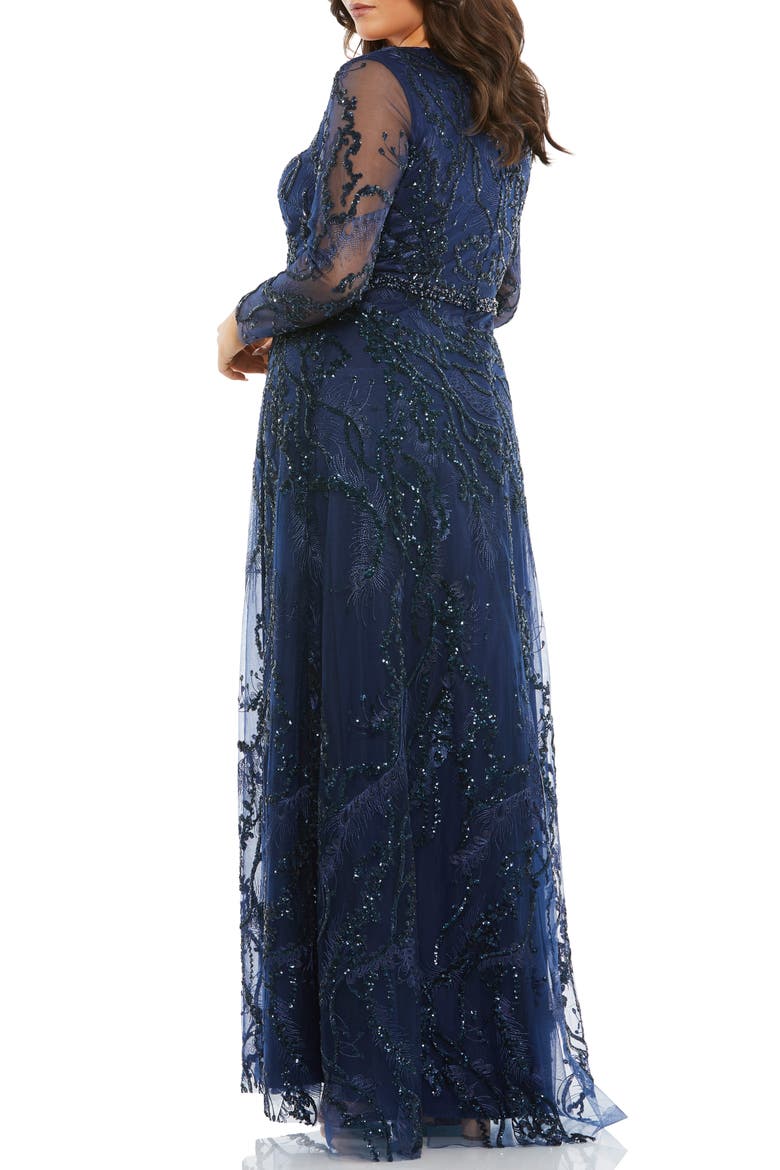 Illusion Long Sleeve Gown, Alternate, color, MIDNIGHT
