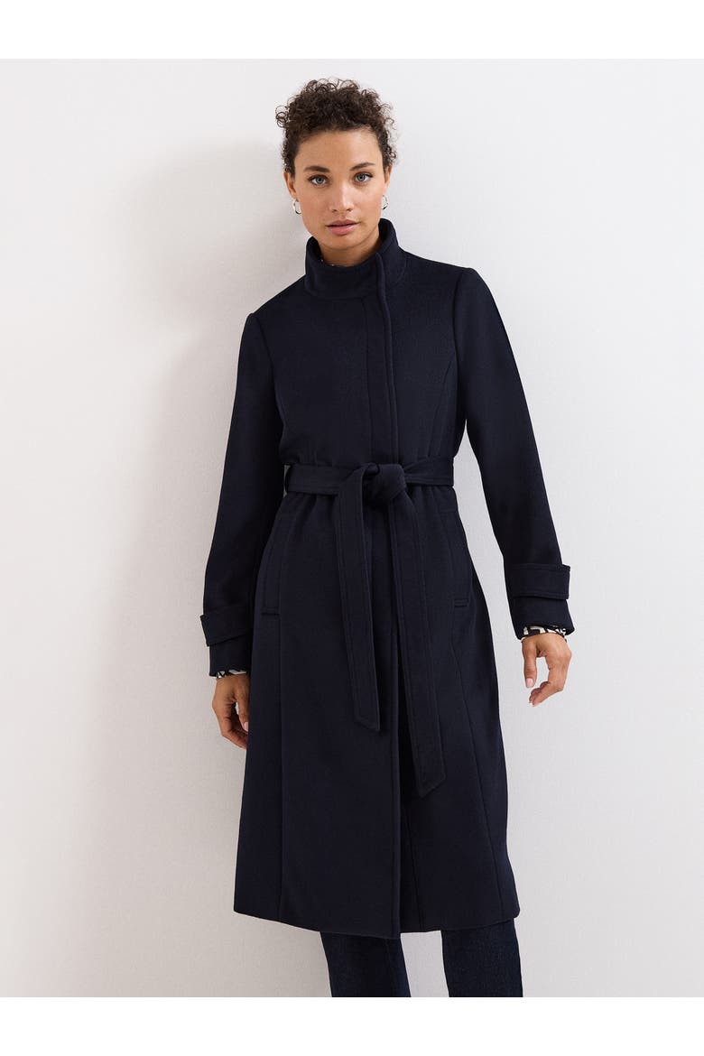 Belted Funnel Collar Coat, Main, color, Navy