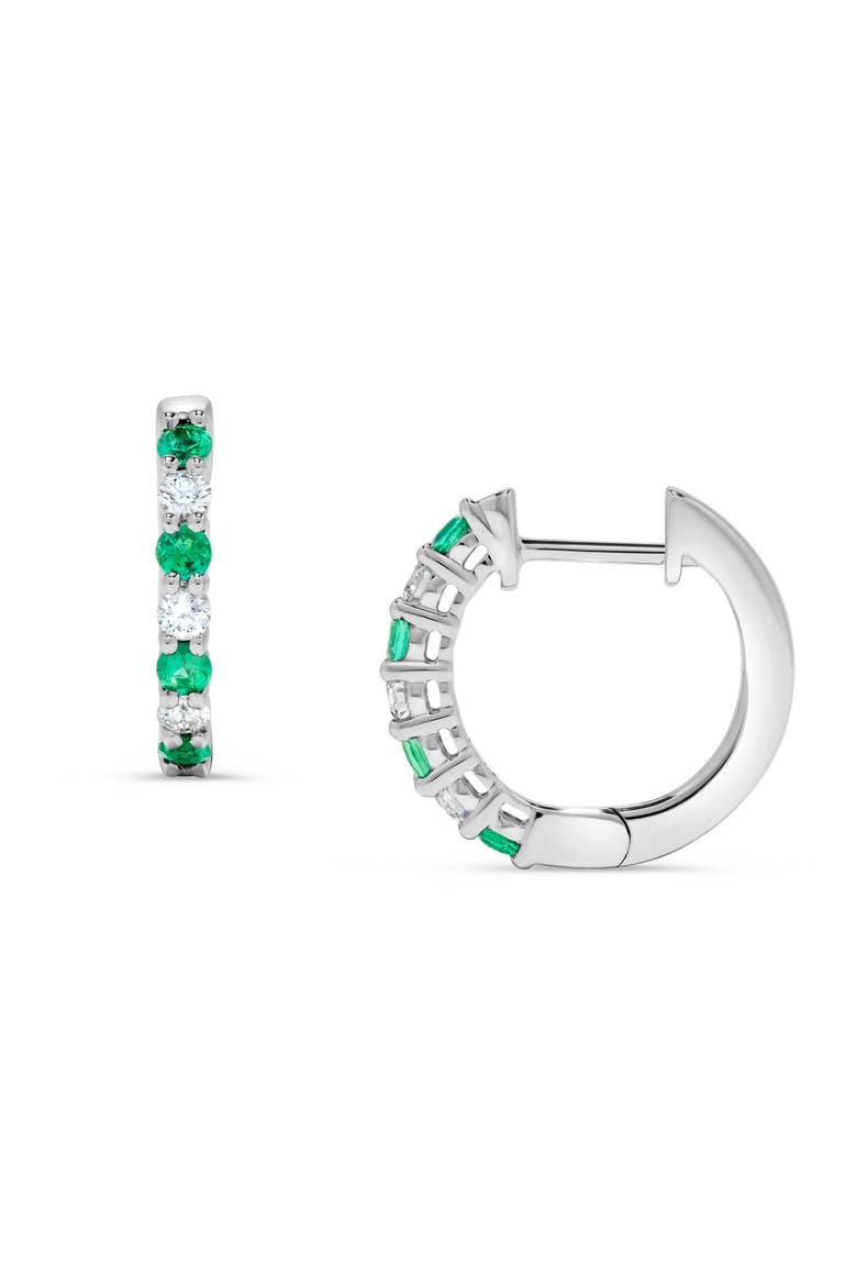 Emerald & Diamond Huggie Earrings in 14K White Gold, Main, color, 14K White Gold