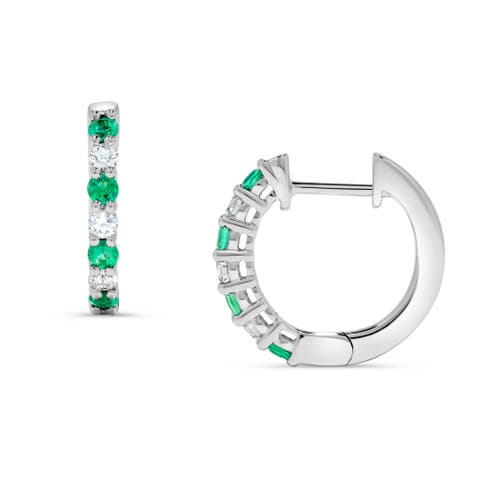 Emerald & Diamond Huggie Earrings in 14K White Gold