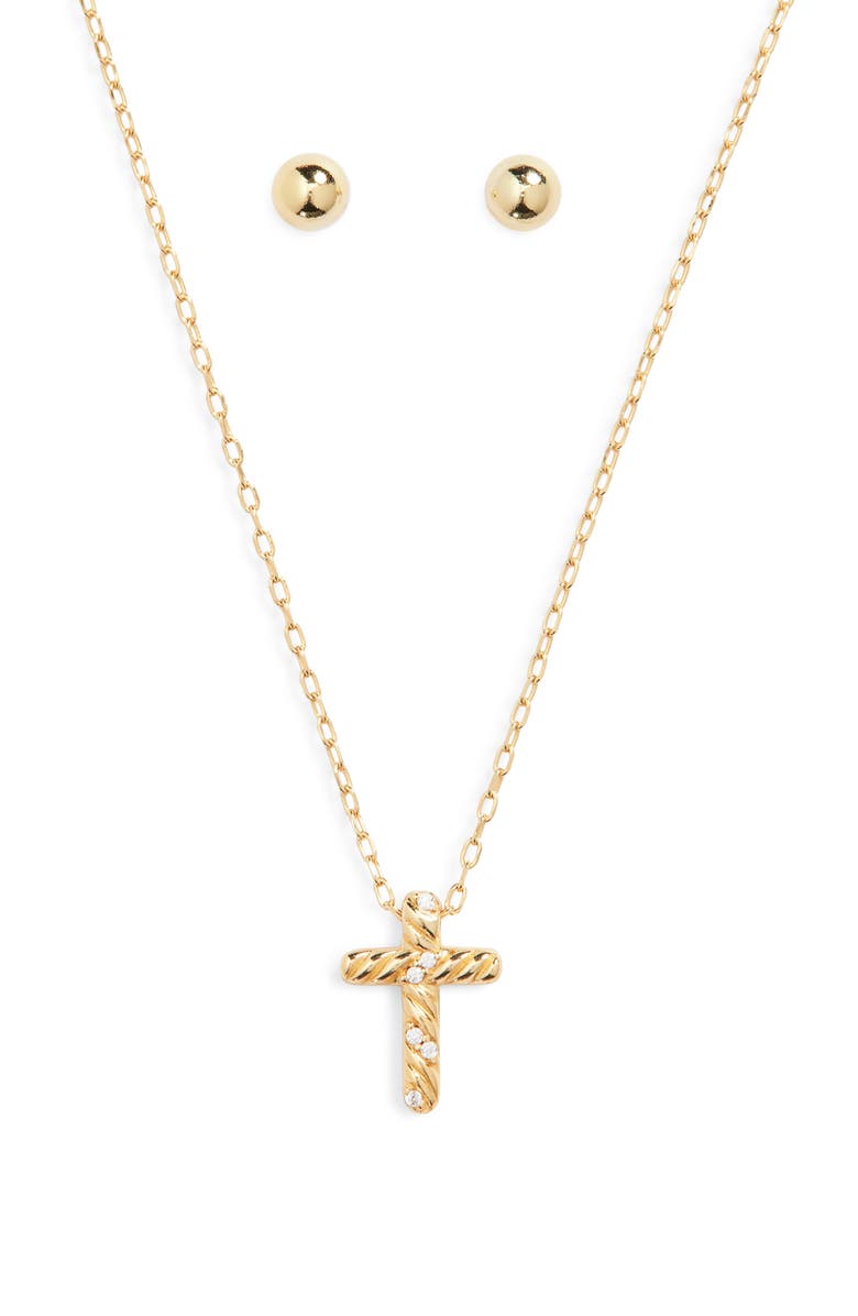 Argento Vivo Sterling Silver Cross Pendant & Stud Earrings Set, Main, color, Gold