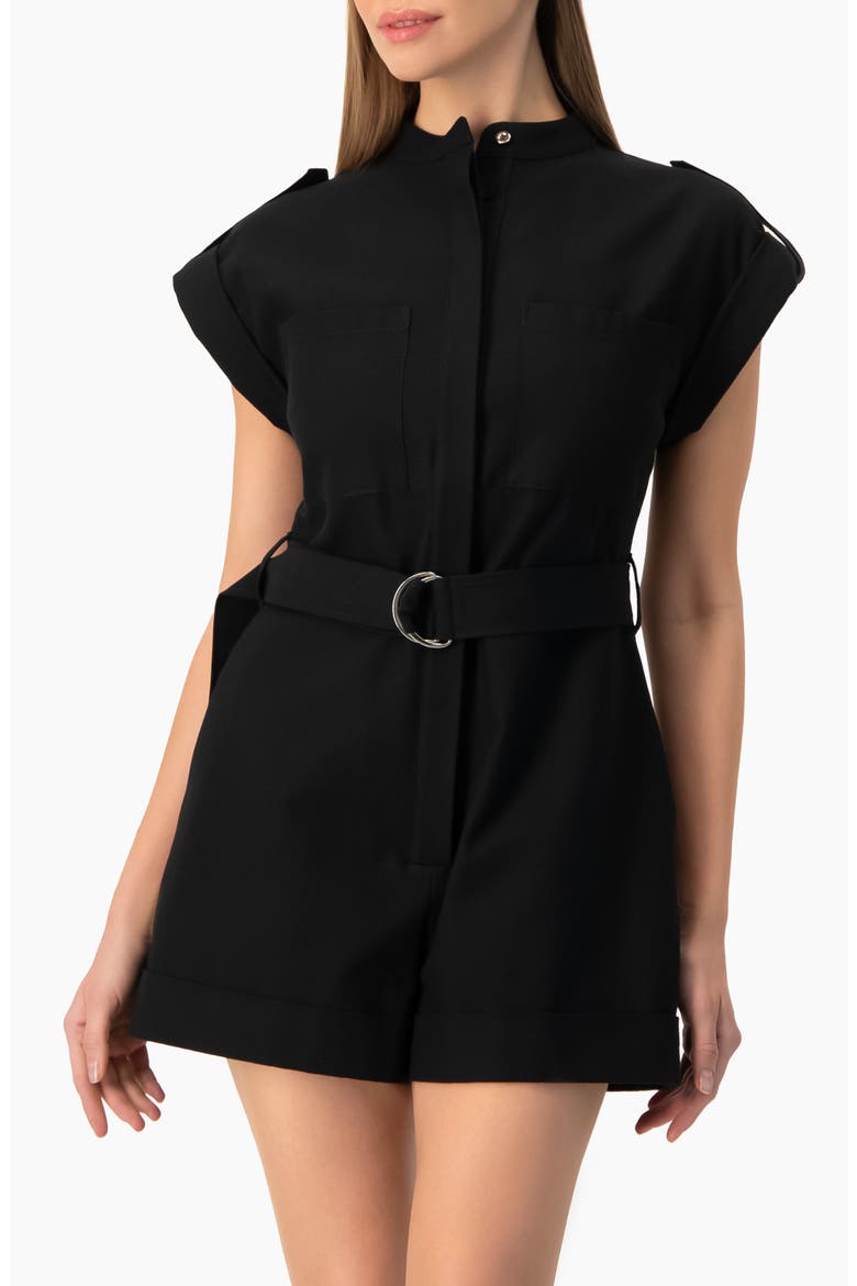 Structured D-Ring Belt Collared Sleeveless Jumpsuit Romper, Main, color, Black