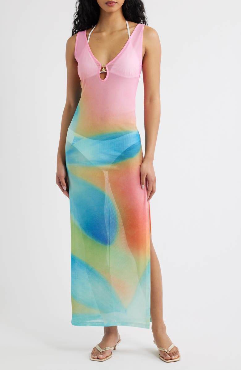 Kulani Kinis Plunge Mesh Maxi Dress, Main, color, Afterglow
