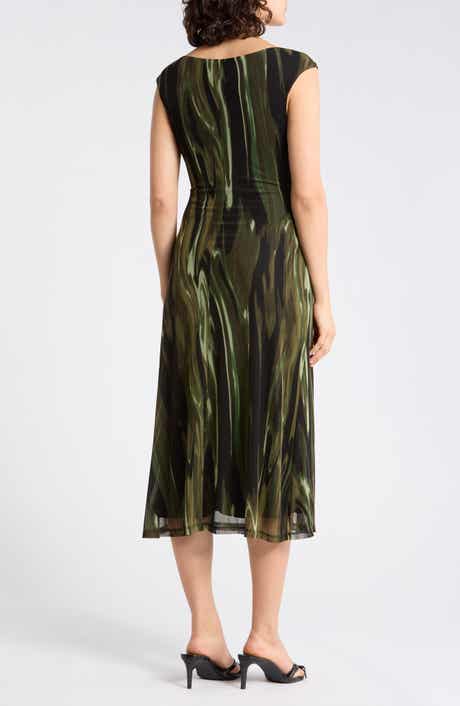 Connected Apparel Ruched Mesh Midi Dress