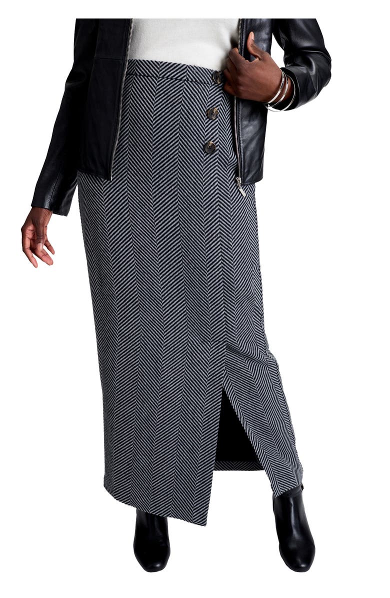 Jessica London Side-Button Wool Skirt, Main, color, Grey Herringbone