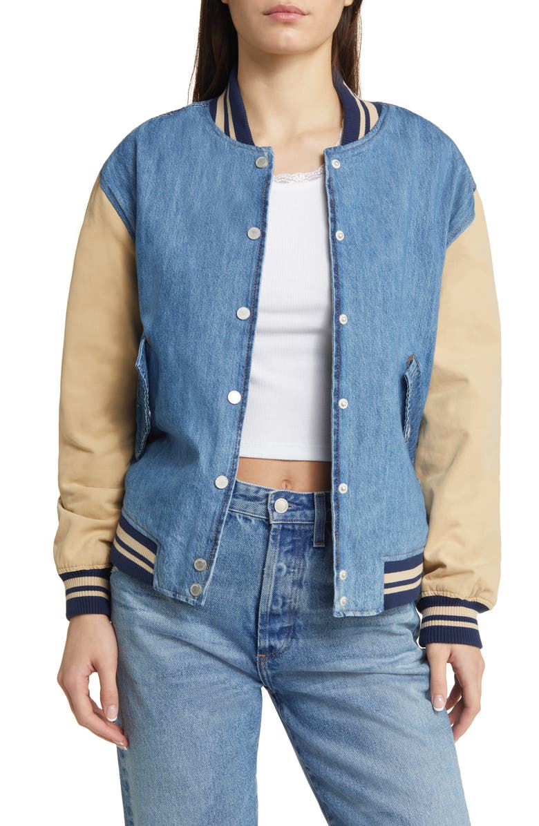 BLANKNYC Mixed Media Denim & Canvas Bomber Jacket, Main, color,