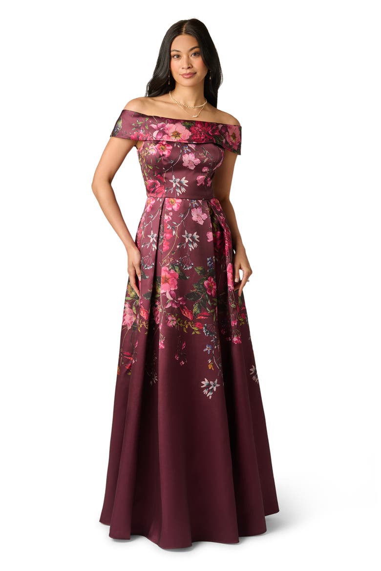 Off Shoulder Garden Floral Mikado Ballgown, Alternate, color, BURGUNDY MULTI